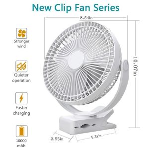8 Inches 10000mAh/5 Inches 5000mAh Rechargeable Clip Fan Strong Wind USB Desk Fan Hold Portable Fan for Stroller Car Treadmill Camping tent