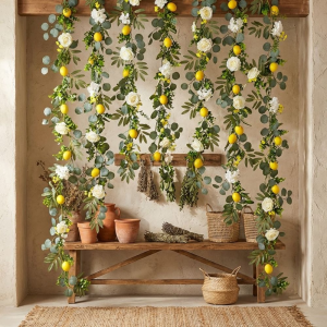 REGISTR Eucalyptus Leaves Artificial Lemon Garland Realistic Greenery Faux Lemon Wreath Table Centerpiece Lifelike Lemon Vine Decor Home Decoration