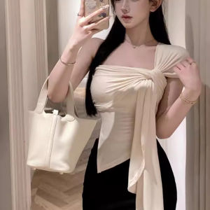 🦋VEVE Short Irregular Off Shoulder Camisole Women Slim Fitting Pleated T-shirt Hot Girl Niche Top