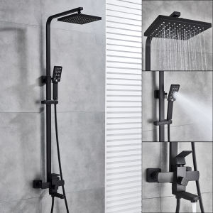 JMW-001 Shower Set With Faucet 304 Stainless Steel Bathroom Four In One Square Shower Set With Rain Shower Head High Pressure Sprayer Storage Rack Phone Shower Head Four Way Wall Mount Height Adjustable 360ﾰ Swivel Hot And Cold Water Saving Shower Set