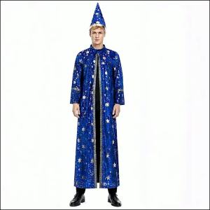 ≮914≯ Halloween Blue Star and Moon Magician Wizard Robe with Pointed Hat Costume Star and Moon Wizard COS Costume