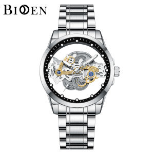 BIDEN Jam Tangan Pria Quartz Hollow Dial Gaya Kasual Anti Air Tali Stainless Steel Jam Tangan Cowok