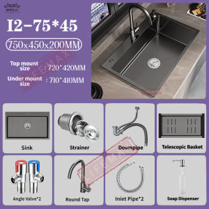 [SG Seller]Gray Kitchen Nano Sink 304 Stainless Steel Household Sink  With Kitchen Faucet Drain Accessories