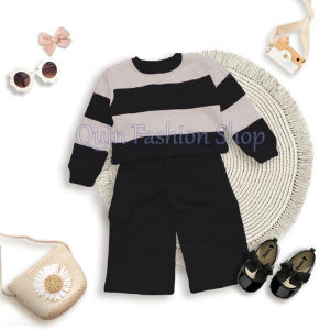 Setelan Crop Blaster Anak Oneset Stripe Multi Warna Mix Celana Cargo Sweatpant Katun Fleece