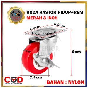 Roda Kastor Nylon 3" inch +REM/HIDUP/MATI Roda PVC Kastor Roda Etalase Roda Lemari FREE SEKRUP