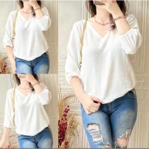 KEMEJA V NECK AIRFLOW POLOS || BLOUSE CRINKLE WANITA LENGAN BALON || ATASAN CRINKLE AIRFLOW