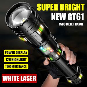 【White Laser】80W LED flashlight rechargeable Spotlight Tactical flashlight Zoomable torch light powerful rechargeable Emergency light camping lamp flashlights heavy duty flashlights military big flashlight waterproof 100000 lumens flashlight super bright