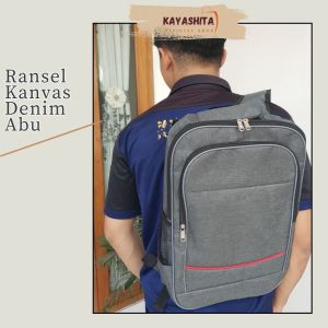 Tas Ransel Kanvas Abu Abu Motif Garis