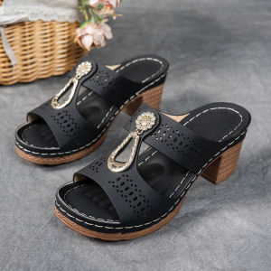 Free Shipping High-Quality Hollowed-Out Rhinestone-Studded Platform Sandals For Women Featuring A Wedge Heel Large Size And A Buckle Closure Perfect For The Beach