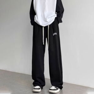 Celana Jogger Olahraga minimalis retro streetwear High Street Bergaris Kasual Celana Lurus Longgar 2024 celana korean style baggy pants celana hitam pria celana abuabu sweatpants pria straight pants celana pinggang karet
