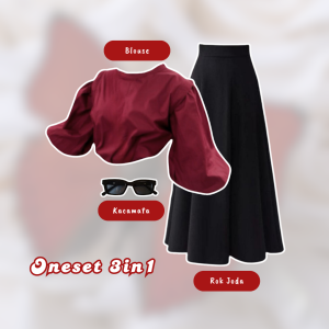 One set Kekinian Wanita OOTD ( Blouse Terbaru + Rok + Kacamata ) 3in1 Korean Style Hangout Jalan