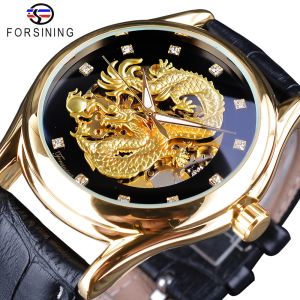 Forsining Fashion Business Design Chinese Dragon Diamond Black Dial Gold Watch Men Lighting Indicator Luxury Brand Luxury Waterproof Mechanical Watch. Mens Gifts