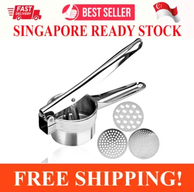 STAINLESS STEEL POTATO RICER MANUEL MASHER FOR POTATOES FRUITS VEGETABLES CARROTS YAMS SQUASH BABY FOOD AND MORE - 3 INTERCHANGEABLE DISC FOR FINE MEDIUM AND COARSE SIZED GRAIN