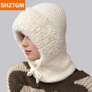 [COD] SHZTGM หมวกไหมพรมสำหรับผู้หญิง3-in-1สำหรับขี่จักรยานฤดูหนาวมีฮู้ดบุผ้าฟลีซพร้อมที่คลุมหน้ากันลมหมวกถักให้ความอบอุ่นสำหรับกีฬากลางแจ้ง