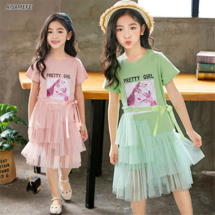 2023 New Korean Style Kids Dress Girl Teen Kids Girl Short Sleeve Irregular  Mesh Skirt Princess Dress Flower Girl Dress Dinner Dress Girl Fashion  Summer 3-11 Years Children Clothes Girl Dress