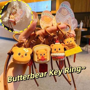 TEWSD Resin Butterbear Key Ring Thai Style Kawaii Food Series Yellow Bear Pendant Cute Heart Cartoon Dolls Keychain Students