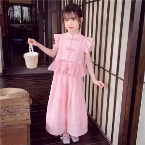 Girls new Chinese style wide-leg pants suit little girl summer dress new style childrens casual two-piece suit8989