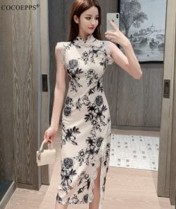 Cocoepps sườn xám cho phụ nữ 2024 hiện đại mới của phụ nữ thanh lịch sườn xám in hoài cổ Váy cộc tay