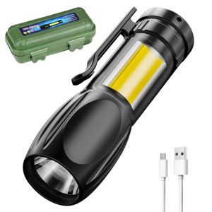 Portable LED COB Flashlight 200LM Mini Pocket Flash Light 3 Gear USB Rechargeable 400mAh Battery for Outdoor Hiking Emergency