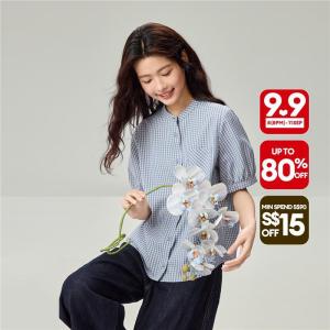 Giordano Women Scalloped placket band collar checkered shirt Free Shipping 18346722