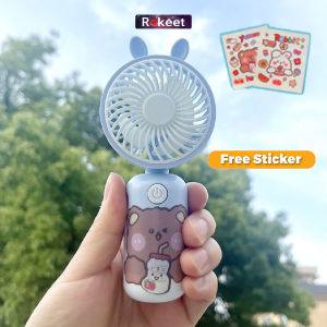 Rokeet Kipas Angin Mini Portable Genggam USB Rechargeable FREE LANYARD DAN STICKER KARTUN LUCU
