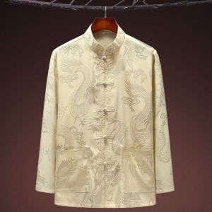 2024ปักลายมังกรชุดจีนผ้าไหมแขนยาวผ้าซาตินเสื้อเชิ้ตพลัสไซส์เครื่องแต่งกายแบบดั้งเดิมเสื้อตรุษจีนชุดจีนชุด CNY เสื้อสำหรับผู้ชายเสื้อคุณพ่อเสื้อคุณปู่เสื้อสำหรับตีแผ่