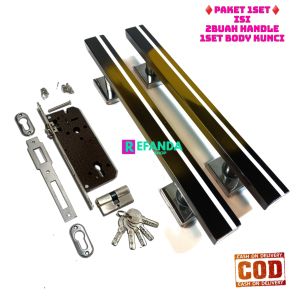 Set kunci pintu rumah lengkap dengan 2 handle tarikan dan 1 body kunci cocok untuk pintu depan dan kamar.