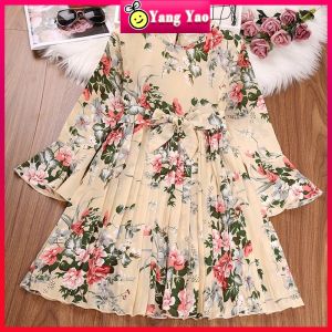 Left MamaReady Stock Kids Dress 5-12 Years Girls Floral Printed Long Sleeve Belted Pleated Mexi Dress Princess Ball Gown Festival Clothes Summer Dress Birthday Party Evening Dress Young Girls Formal Dress Korean Style Dress Baju Baby Girl