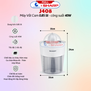 Máy Vắt Cam Sharp EJ-J408-WH - Công Suất 40W - Dung Tích 850ml 2 Đầu Vắt Lớn Nhỏ Lưới Lọc 2 Lớp Tự Động Đảo Chiều Vắt - Hàng Chính Hãng - Bảo Hành 12 Tháng