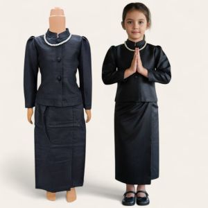 ชุดไทยสีดำเด็กหญิง ชุดไทยจิตรลดาเด็ก ชุดไทยเด็กสีดำ ชุดไทยใส่ไปงานพิธี ชุดไทยไว้อาลัย