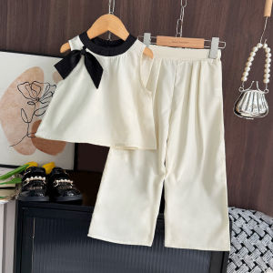 Kids Girls Plain Elegent Girls Clothes New Korean Version Bow Sleeveless Tops and Pants 2 Pieces Sets Casual Outfits