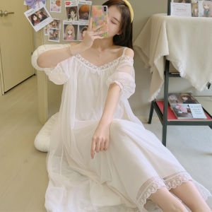 Mùa Hè một bên vai Lưới Pajama Với Ngực Đệm Pháp phong cách cung điện Trắng Áo ngủ dài ngọt ngào cho nữ Và Đơn Giản Lỏng Quần Áo Nhà Ăn Mặc