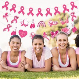 WUSHUWUJI กระดาษสำหรับตกแต่ง การตกแต่งให้ความรู้เกี่ยวกับมะเร็งเต้านม หัวใจรักสีชมพู ด้านเดียว แบนเนอร์ฉากหลังสำหรับมะเร็งเต้านม อุปกรณ์บูธถ่ายภาพ ทนทานต่อการใช้งาน ธงให้ความรู้เกี่ยวกับมะเร็งเต้านม ปาร์ตี้งานปาร์ตี้