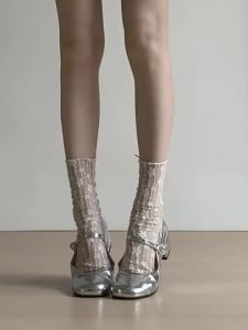 G7 Sheepskin Version ~ French Style Silver Mary Jane Shoes for Women Chunky Heel Style Round Toe Velcro Shallow Mouth Matching Dress Shoes 7/7