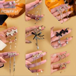 【PCWFKef】 1 cặp dangle Bông tai Bowknot Shape Shining thạch phụ nữ Bông tai tim giả ngọc trai tua trang sức phụ kiện