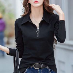 100KG Fat Girl Can Wear New Style Long Sleeve Fashion Zipper Polo Shirt Oversized Women Plain Stretch Lapel T-shirt Lady Blouse with collar