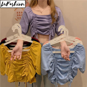 LuFashion Crop Tops for Women Summer Korean Style Drawstring Design Short Sleeve Casual T-Shirts