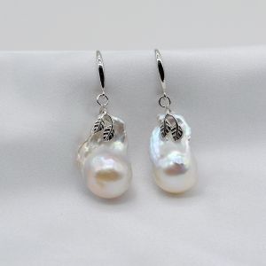 Large Pearl Earrings White Natural Baroque Pearl Silver Earrings Diameter 15mm Pearl Pendant Womens Sterling Silver Earrings
