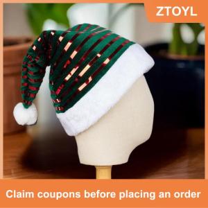 【ZTOYL】 หมวกคริสต์มาสที่มีแถบแวววาวหมวกซานต้ากำมะหยี่สีแดงและสีเขียวตกแต่งหมวกเทศกาล