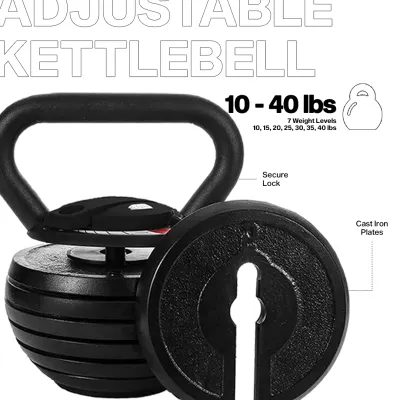 40lb Adjustable Kettlebell 7 Weight Options 10-40 lbs 5 lb Increments Safety Lock Mechanism