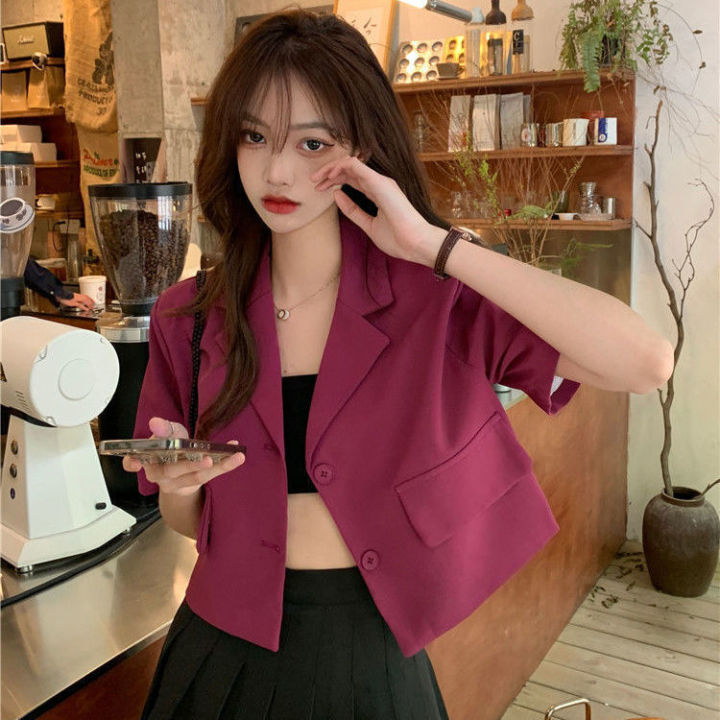 Plain Blazer Women Short Sleeve Crop Outwear Korean Style Fashion