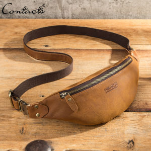CONTACTS Genuine Leather Waist Bag For Men Vintage Personalized Gift Chest Bags Fanny Pack Business Crossbody Bag
