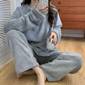 1 Set Clothing Coral Autumn Winter Warm Home Clothing Ladies Soft Comfortable Indoor Pajamas Set Thick Long Style Pajamas