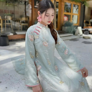 Set áo dài nữ cách tân set áo dài họa tuiết cá may mắn mặc Tết set áo dài chất Voan thêu nổi cá chép hoa sen hai lớp cổ tàu phối quần Satin