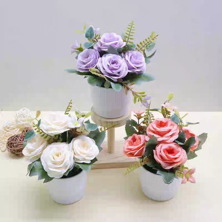 DIY Artificial Rose Flowers with Pot Fake Silk Roses Flower for Desk ...