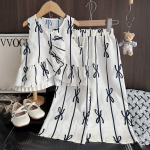 Bear Leader Summer New Baby Girls Clothes Sets Casual Teen Kids Wear Ruffle Fruit Graffiti Printed T-shirt Top + Wide Leg Pants Casual 2 Pcs Suits Korean Version 3 To 12 Years Teenagers Flower Outfits