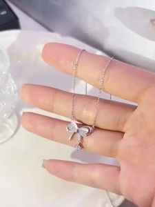 S999 Sterling Silver Cat Eye Bowknot Necklace for Women Light Luxury Niche Clavicle Chain New Versatile Style Perfect Gift for Girlfriend