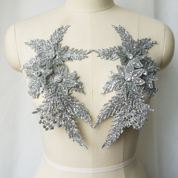 Boutique clothing DIY▤✈ 2Pcs Rhinestones Silver Sequin Embroidered Lace  Applique Sewing Flower Fabric Patch Wedding Gown Bridal Dress Clothes DIY 
