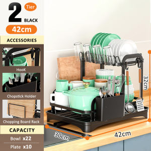 GSlife Carbon Steel Dish Rack with Drainer Pipe Adjustable Kitchen Storage Organizer Countertop Cup Plates Holder Bowl Drainer Drip Tray Home