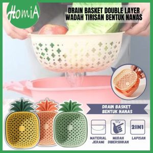 Drain Basket Double Layer / Baskom Set Saringan 2in1 Bentuk Nanas / Wadah Tirisan Untuk Buah & Sayur Serbaguna / Perlengkapan Dapur - HOMIA